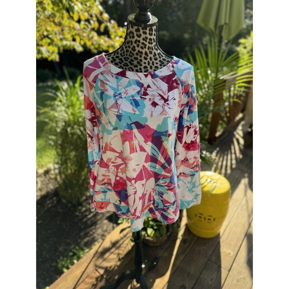 T By Talbots  Brush Floral Tropical Sweatshirt  Cotton Blend UPF 50+ Bright Sz L